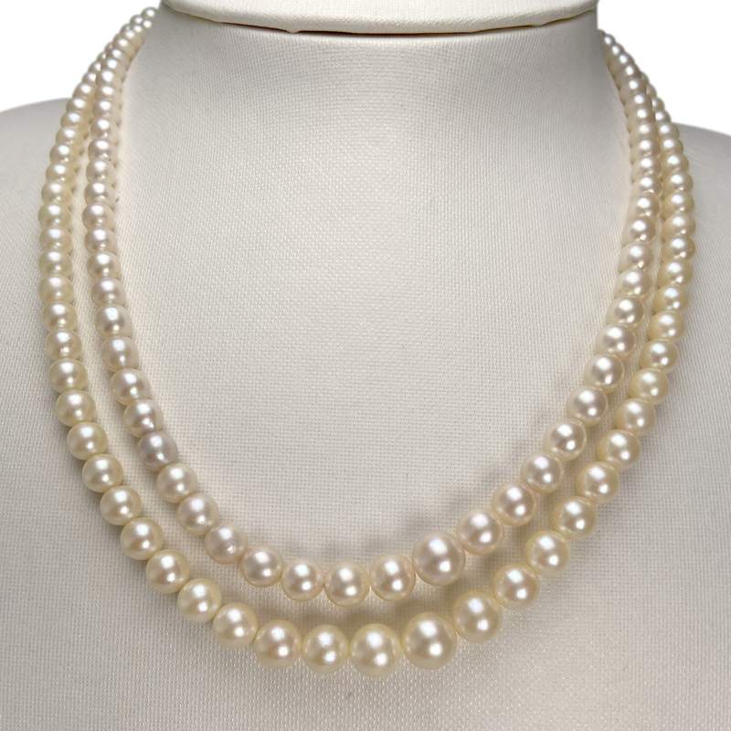 Double rang d'occasion or 750 jaune maille perles, perles de culture du Japon 45 cm - vue 2