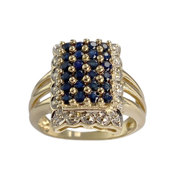 Tweekleurige tweedehands ring van 750 goud met diamanten en saffieren