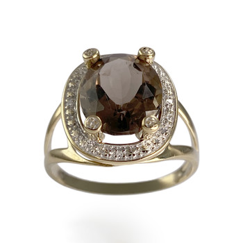 Pre-owned 375 gold two-tone ring with diamonds and smoky quartz