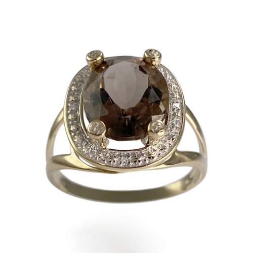 Bague d'occasion  or 375 2 tons diamants et quartz fumé