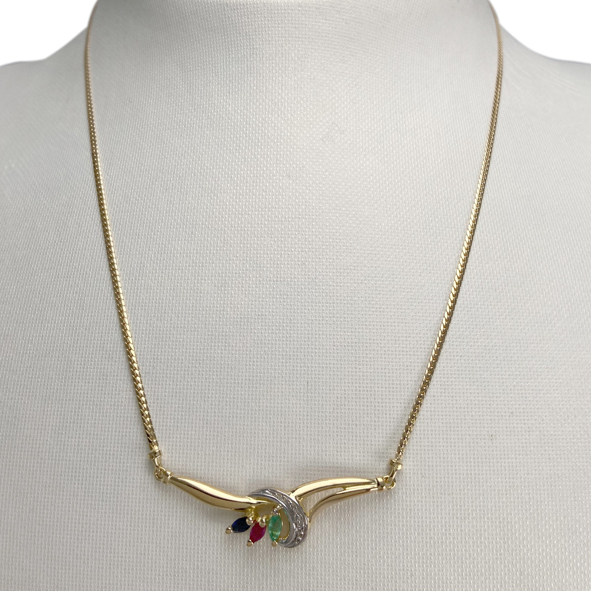 Collier d'occasion or 750 jaune maille anglaise saphir rubis emeraude - vue 2
