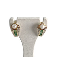 Boucles d'oreilles d'occasion  or 2 tons 750 perle de culture diamants émeraudes