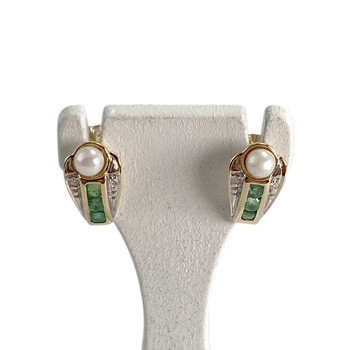 Boucles d'oreilles d'occasion  or 2 tons 750 perle de culture diamants émeraudes