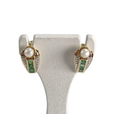 Boucles d'oreilles d'occasion  or 2 tons 750 perle de culture diamants émeraudes - vue 1