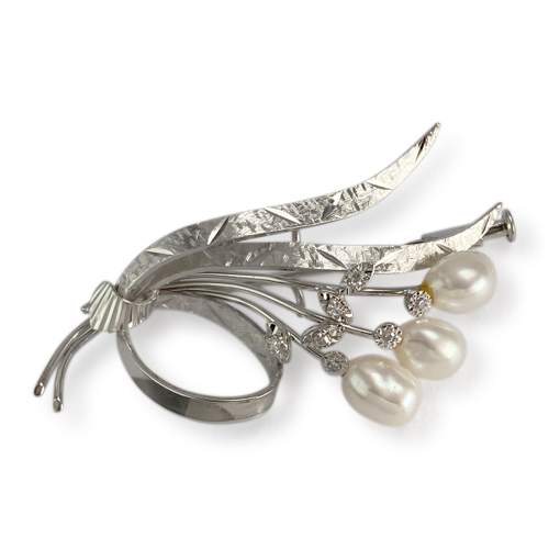Broche d'occasion or 750 blanc diamant perle de culture