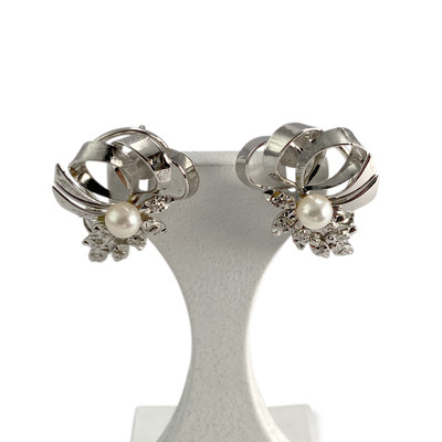 Boucles d'oreilles d'occasion or 750 blanc diamants,  perles de culture