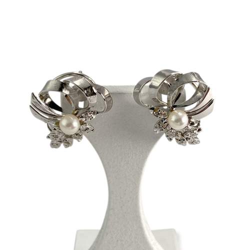 Boucles d'oreilles d'occasion or 750 blanc diamants,  perles de culture