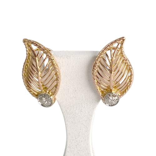 Boucles d'oreilles d'occasion or 750 2 tons feuille diamant
