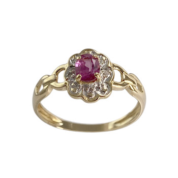 Tweekleurige tweedehands ring van 750 goud met diamant en saffier
