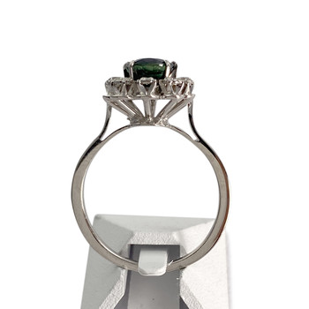 Tweedehands goud 750 witte diamanten saffier ring