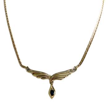 Collier d'occasion en or jaune 750, maille anglaise, diamants et saphir