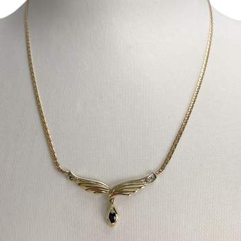 Collier d'occasion en or jaune 750, maille anglaise, diamants et saphir