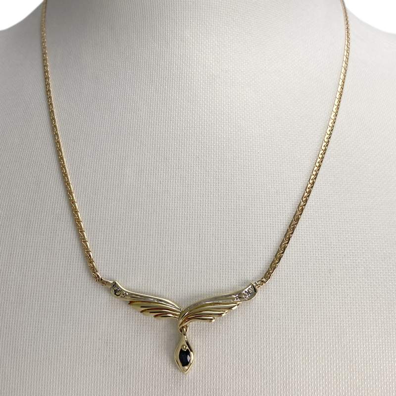 Collier d'occasion en or jaune 750, maille anglaise, diamants et saphir - vue 2