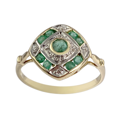 Tweedehands gouden ring 750 2 toon smaragden diamanten