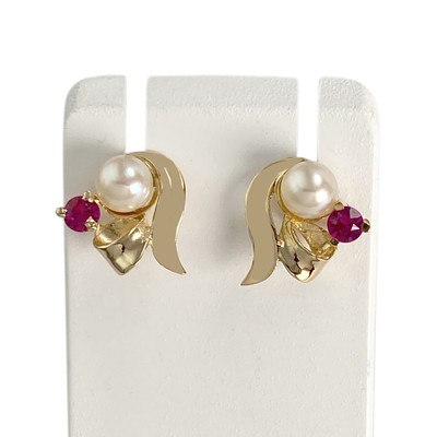 Boucles d'oreilles d'occasion or 750 jaune perles de culture et rubis