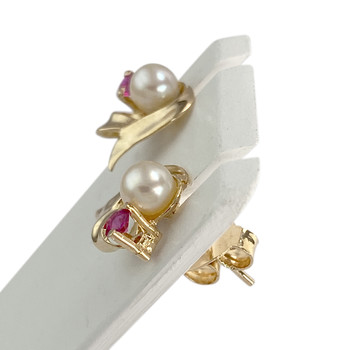 Boucles d'oreilles d'occasion or 750 jaune perles de culture et rubis
