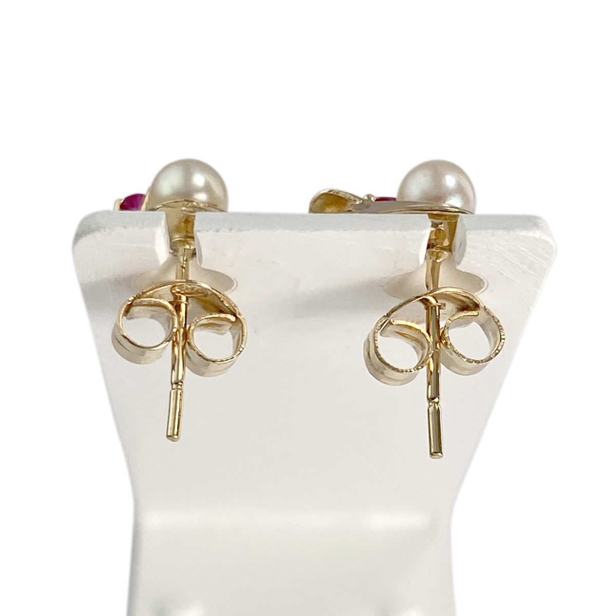 Boucles d'oreilles d'occasion or 750 jaune perles de culture et rubis - vue 3