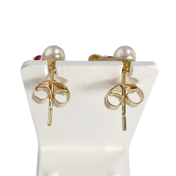 Boucles d'oreilles d'occasion or 750 jaune perles de culture et rubis