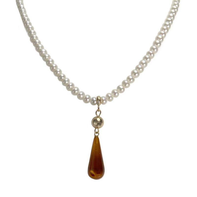 Pre-owned 14K yellow gold pearl chain necklace with Chinese cultured pearls and amber - view 1