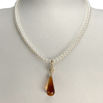 Collier d'occasion or 750 jaune maille perles, perles de culture de Chine et ambre