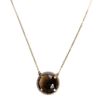 Pre-owned 14K yellow gold chain necklace with chain-link design, smoky quartz, and zirconia stones