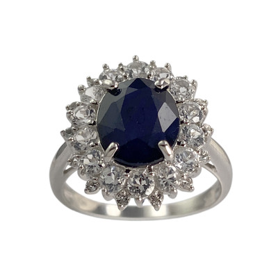 Pre-owned 375 white gold ring with sapphire and cubic zirconia