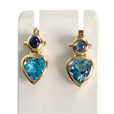Boucles d'oreilles d'occasion or 750 jaune topazes bleues traitées et saphirs - vue 1
