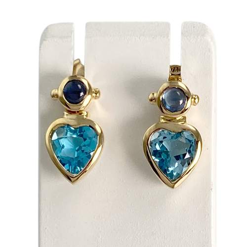 Boucles d'oreilles d'occasion or 750 jaune topazes bleues traitées et saphirs