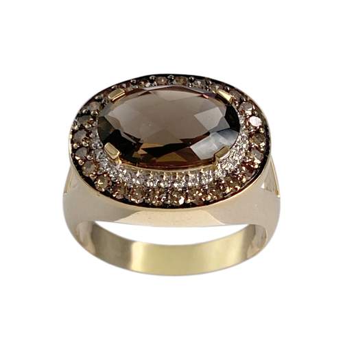 Tweekleurige tweedehands ring van 750 goud met diamanten en rookkwarts