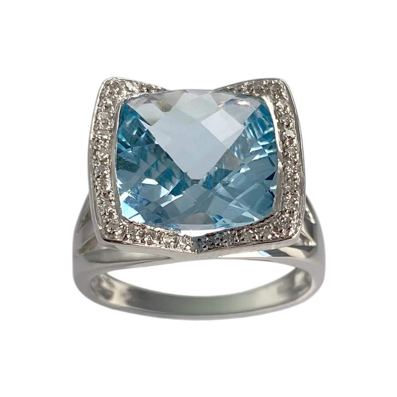 Bague d'occasion or 750 blanc topaze traitée sky blue diamant - vue 1