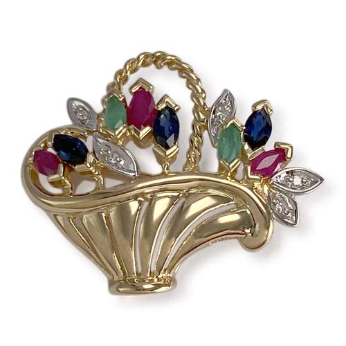 Broche d'occasion  or 2 tons 750 diamants saphirs rubis émeraudes