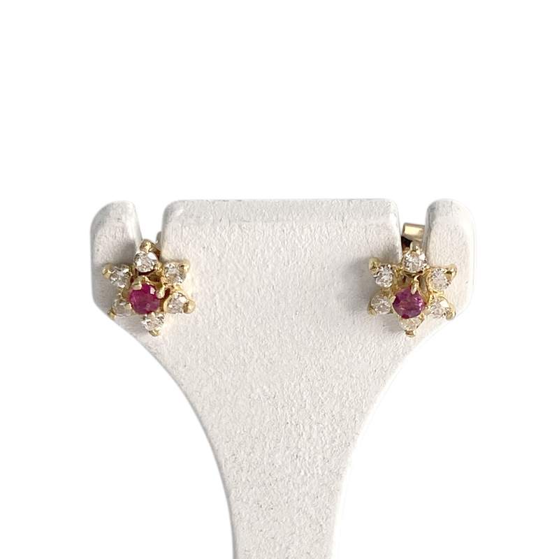 Boucles d'oreilles d'occasion or 750 jaune étoile zirconias rubis - vue 1