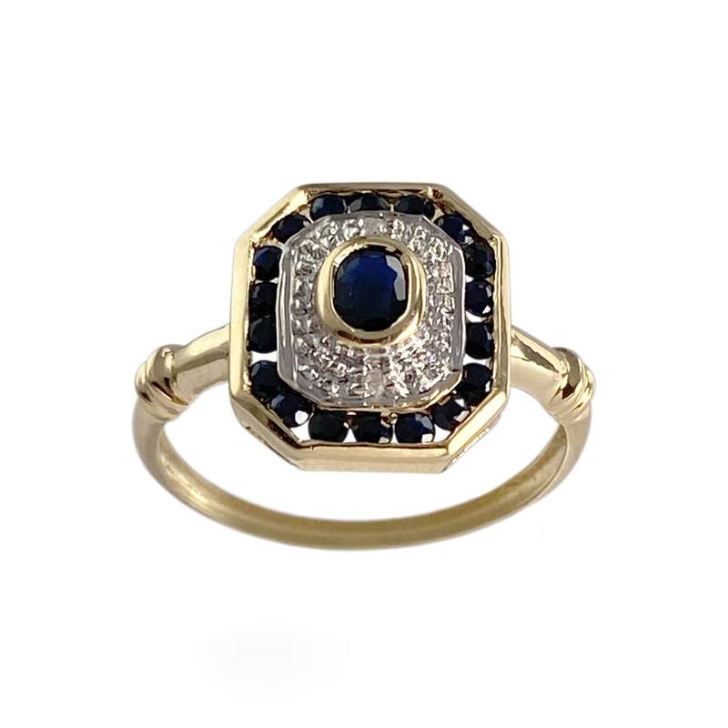 Pre-owned 750 two-tone gold ring with sapphire, sapphires, and diamonds - view 1