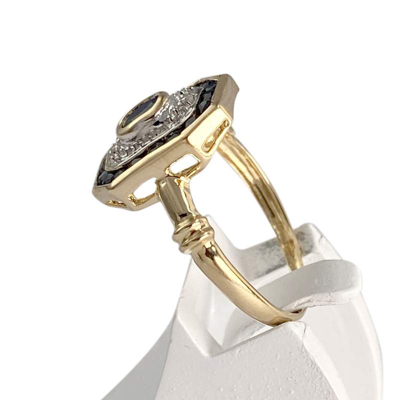 Pre-owned 750 two-tone gold ring with sapphire, sapphires, and diamonds - view 2
