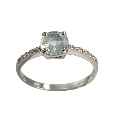 Bague d'occasion or 750 blanc diamants et aigue marine