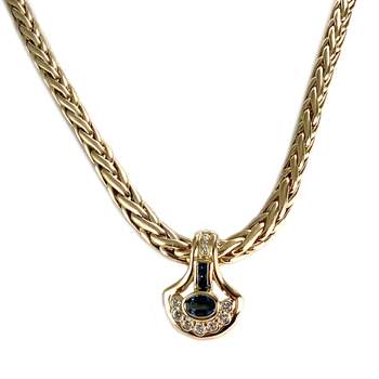 Collier d'occasion en or jaune 750, maille palmier, diamants et saphirs, 42 cm