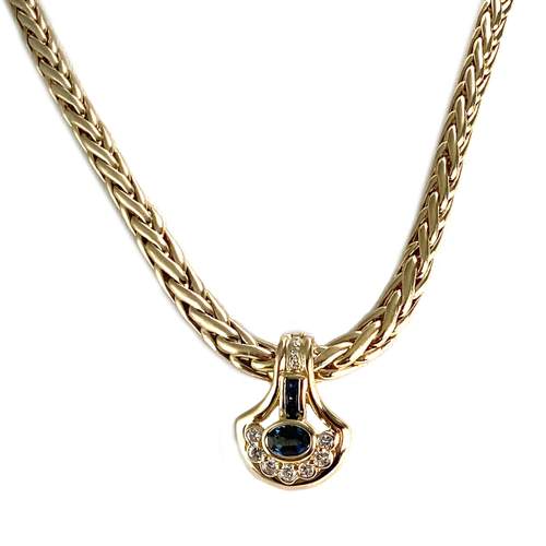 Pre-owned 14K yellow gold palm-leaf link necklace with diamonds and sapphires