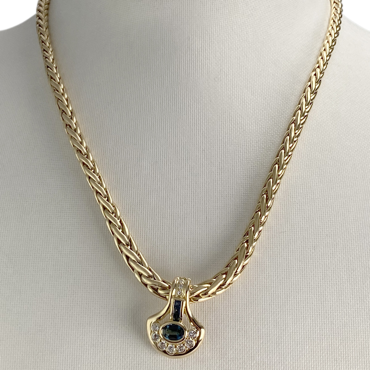 Collier d'occasion or 750 jaune maille palmier diamants et saphirs - vue 2