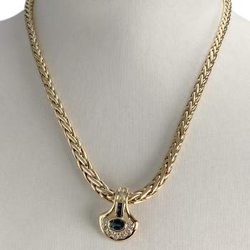 Collier d'occasion en or jaune 750, maille palmier, diamants et saphirs, 42 cm
