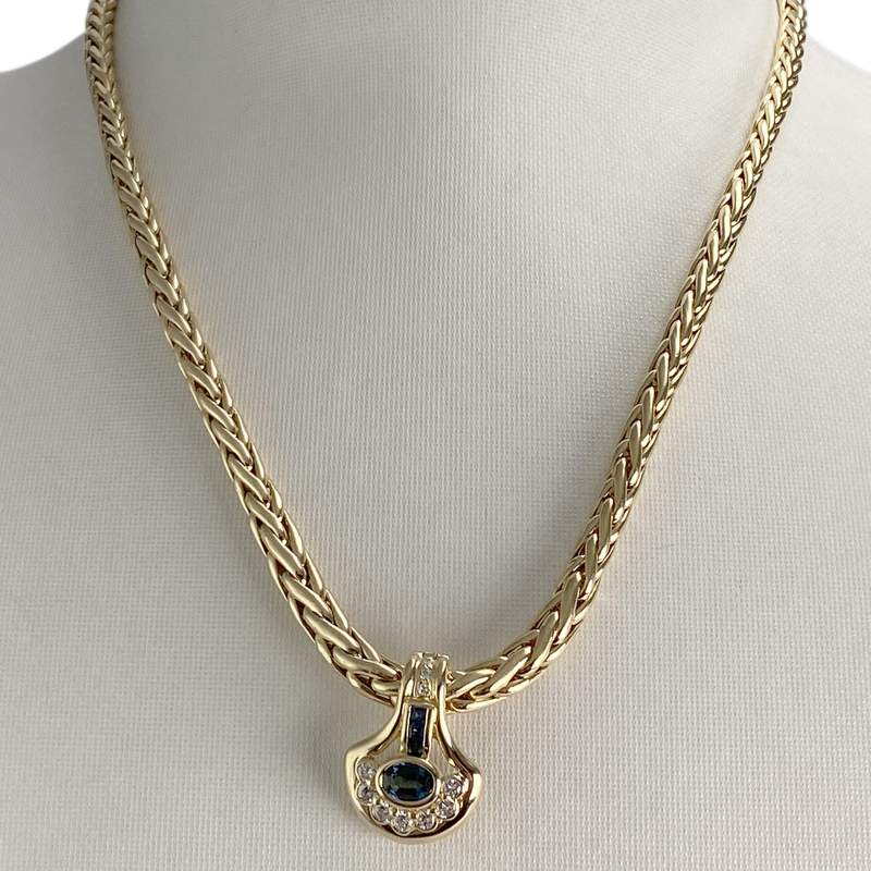 Collier d'occasion or 750 jaune maille palmier diamants et saphirs - vue 2