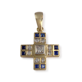 Pendentif d'occasion or 750 2 tons motif croix diamants saphirs