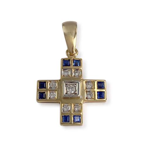 Pendentif d'occasion or 750 2 tons motif croix diamants saphirs