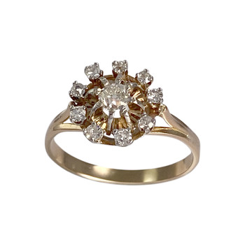 Pre-owned 18K two-tone gold ring with a flower design and diamonds