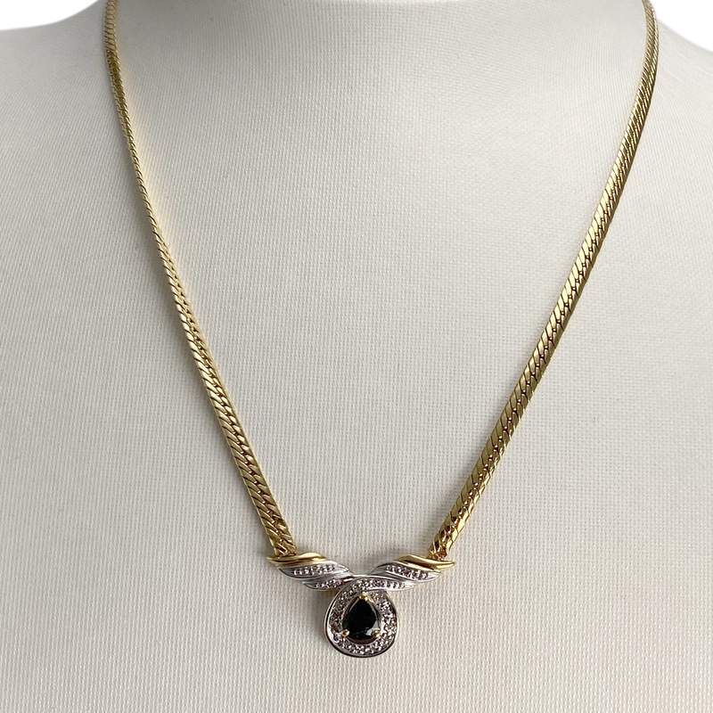 Collier d'occasion  or 750 2 tons maille anglaise diamants saphir - vue 2