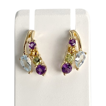 Boucles d'oreilles d'occasion or 750 jaune topazes traitées sky blue citrines péridots et améthystes