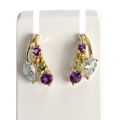 Boucles d'oreilles d'occasion or 750 jaune topazes traitées sky blue citrines péridots et améthystes
