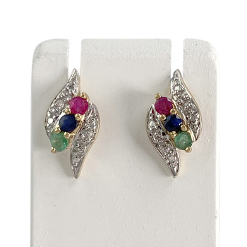 Boucles d'oreilles d'occasion or 750 2 tons rubis saphir émeraude diamant