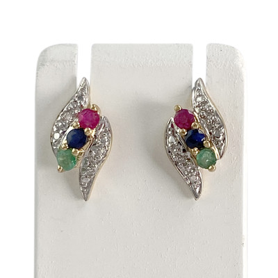 Boucles d'oreilles d'occasion or 750 2 tons rubis saphir émeraude diamant - vue 1