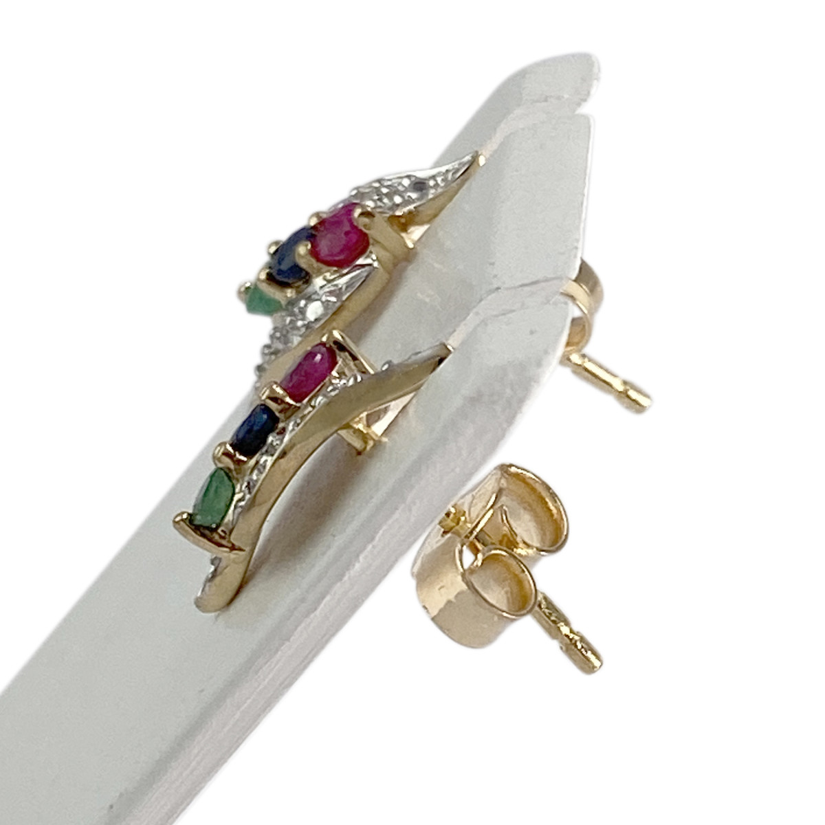 Boucles d'oreilles d'occasion or 750 2 tons rubis saphir émeraude diamant - vue 2