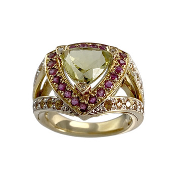Tweekleurige tweedehands ring van 750 goud met diamant, robijn, saffier en kwarts